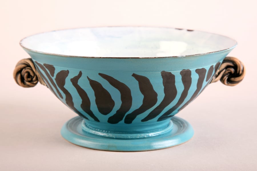 Bowl, stemmed Unique Zebra design Pale blue Ceramic with "Twizzles"