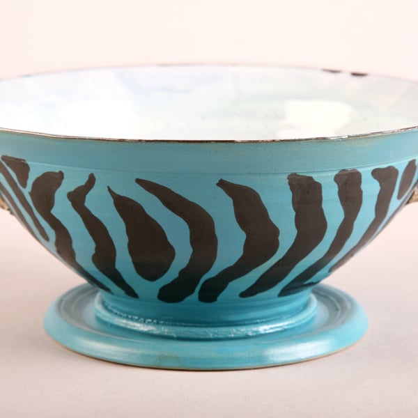 Bowl, stemmed Unique Zebra design Pale blue Ceramic with "Twizzles"