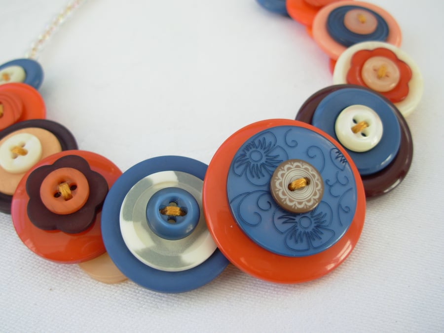 Button Necklace  Brown Cream Orange and Blue Shades of Africa