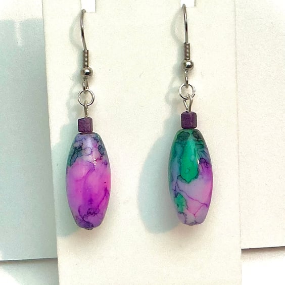 Pink, Lilac and Green Oval Bead Earrings