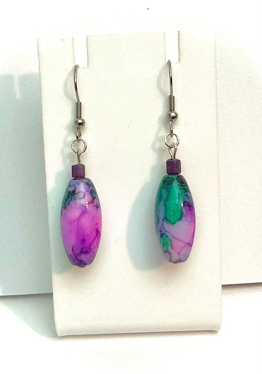 Pink, Lilac and Green Oval Bead Earrings