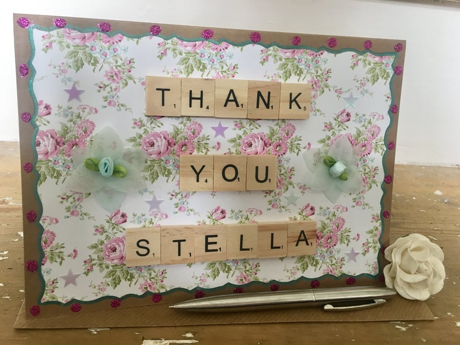 Bespoke handmade Scrabble letter 'thank you' cards