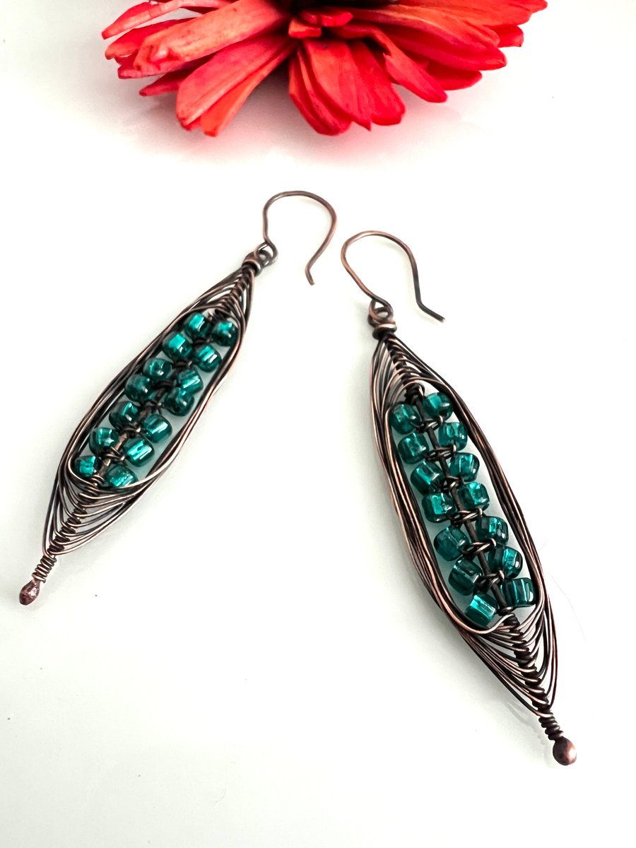 Dark Copper Wire Wrapped Herringbone Earrings with Turquoise Lustre Seed Beads