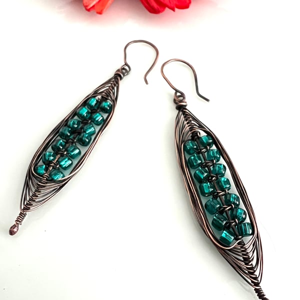 Dark Copper Wire Wrapped Herringbone Earrings with Turquoise Lustre Seed Beads