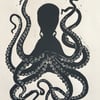 Limited edition linocut print Octopus on handmade paper, 