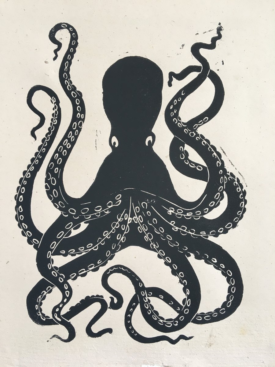 Limited edition linocut print Octopus on handmade paper, 