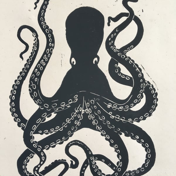 Limited edition linocut print Octopus on handmade paper, 