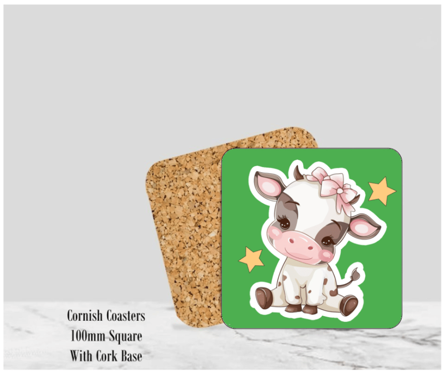 Green Happy Cow Coaster 4" Square With Cork Base