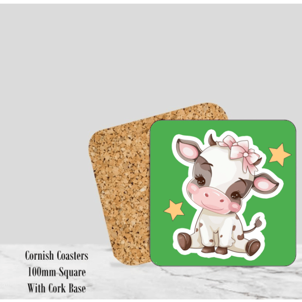 Green Happy Cow Coaster 4" Square With Cork Base