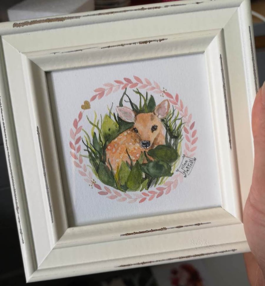 Fawn Deer Framed Original Watercolour Painting by Nina Martell