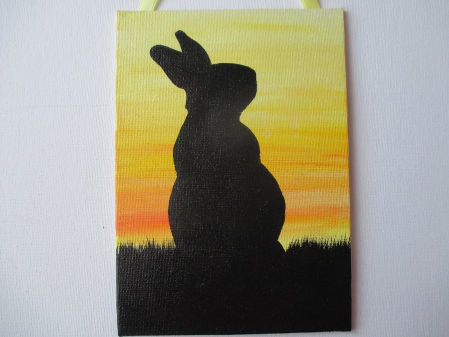 Bunny Rabbit Silhouette Original Painting Canvas Art Sunrise Sunset Sky