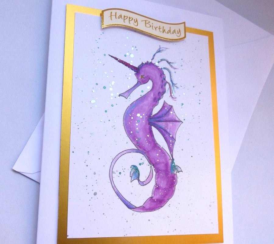 Pink seahorse unicorn card