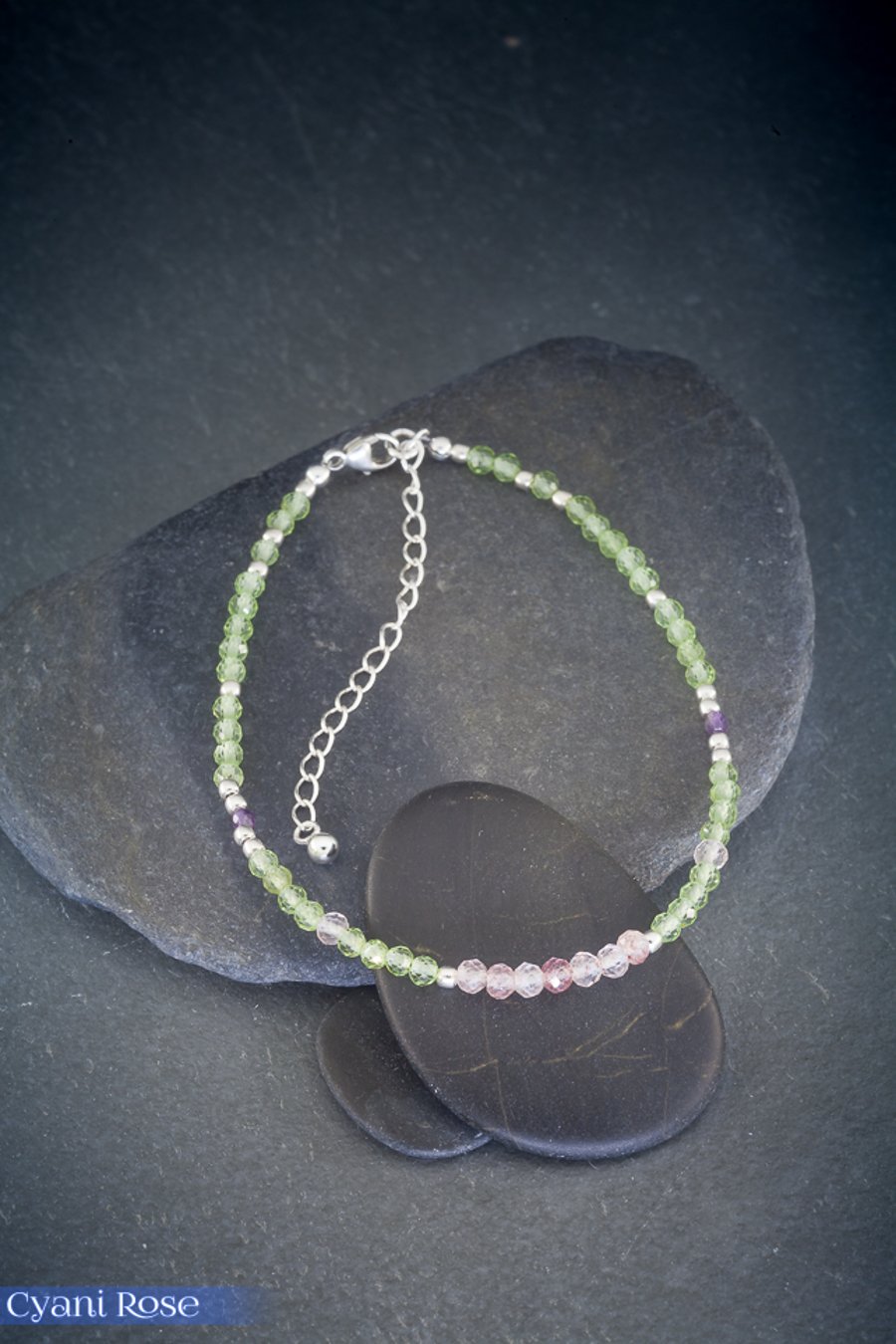  Peridot Pink Tourmaline Amethyst Sterling Silver handmade dainty bracelet 