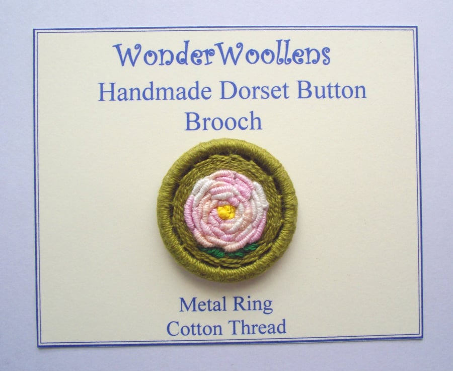 Pink Rose Flower Dorset Button Brooch or Pin, 3.5cm, Cotton Thread, Brass Ring