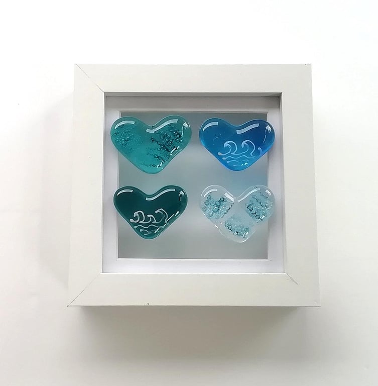 Fused Glass Heart Art: Blue Bubbled Hearts in Shadow Box Frame