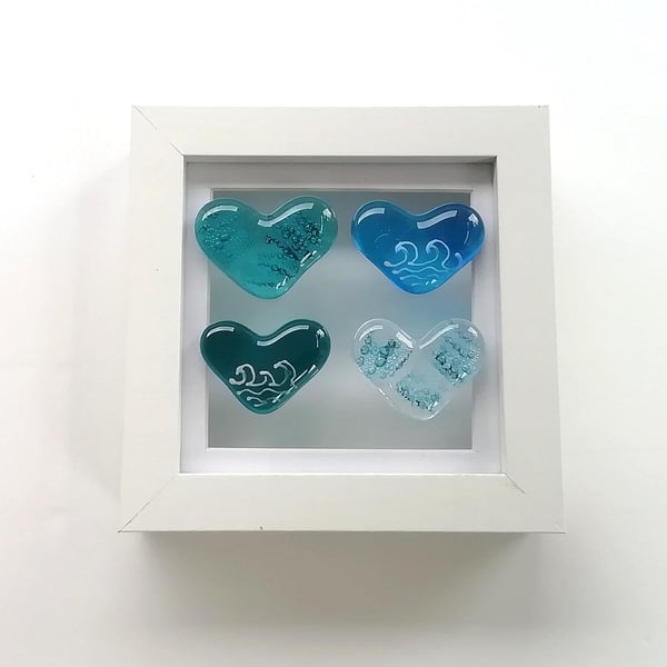Fused Glass Heart Art: Blue Bubbled Hearts in Shadow Box Frame