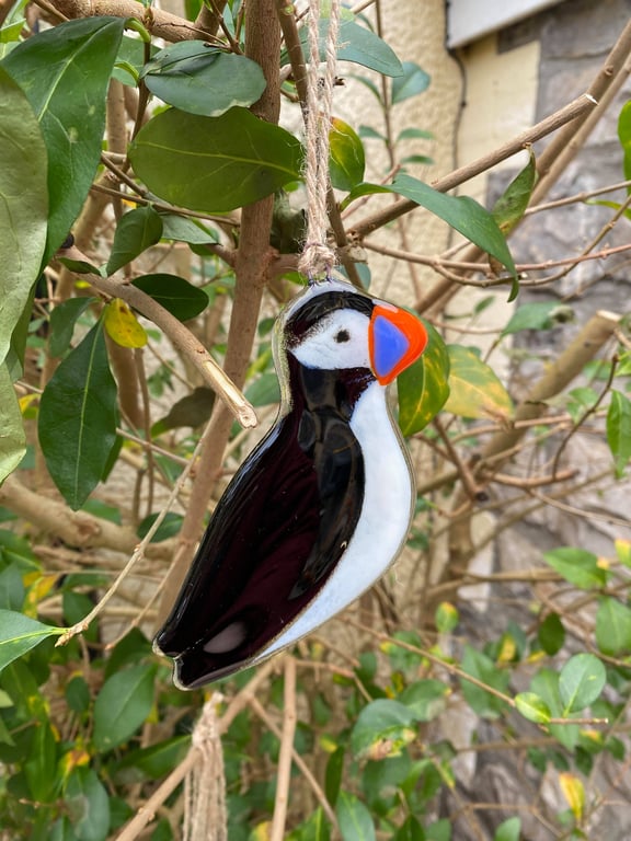 Fused Glass Birds, PUFFIN bird lover gift, British bird, hanging bird