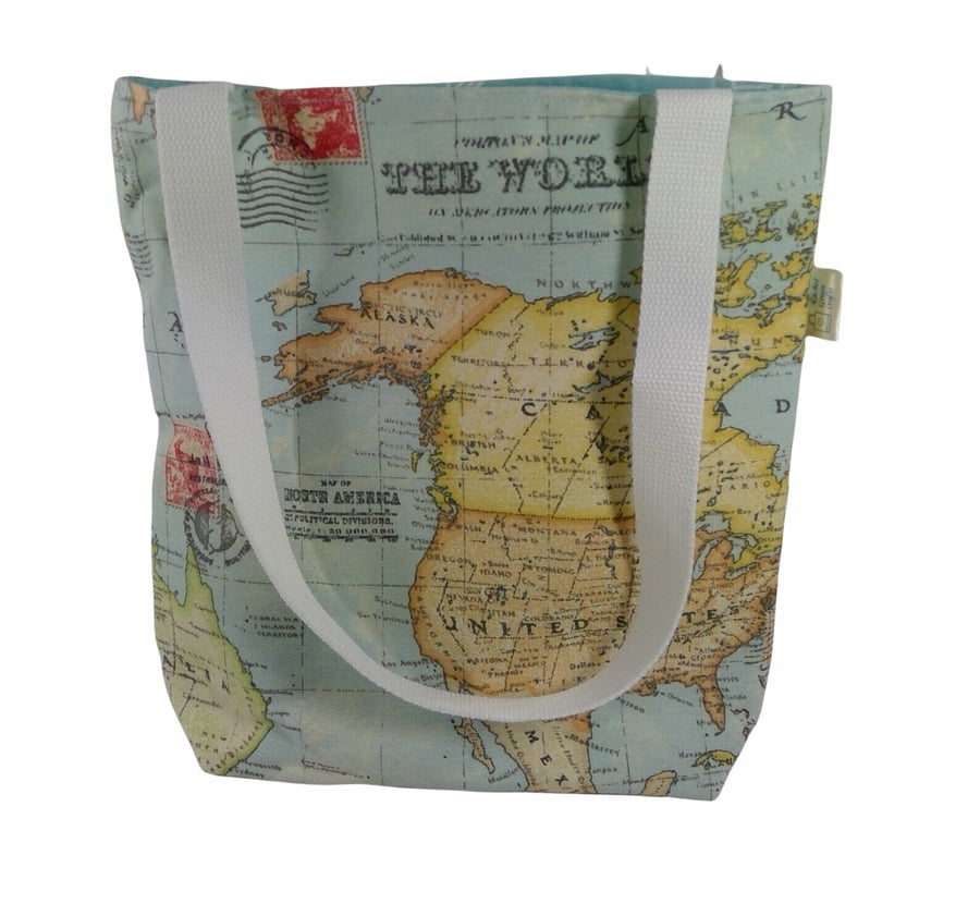 Map print Small cotton canvas tote bag, USA map book purse, lined tote, mini sho