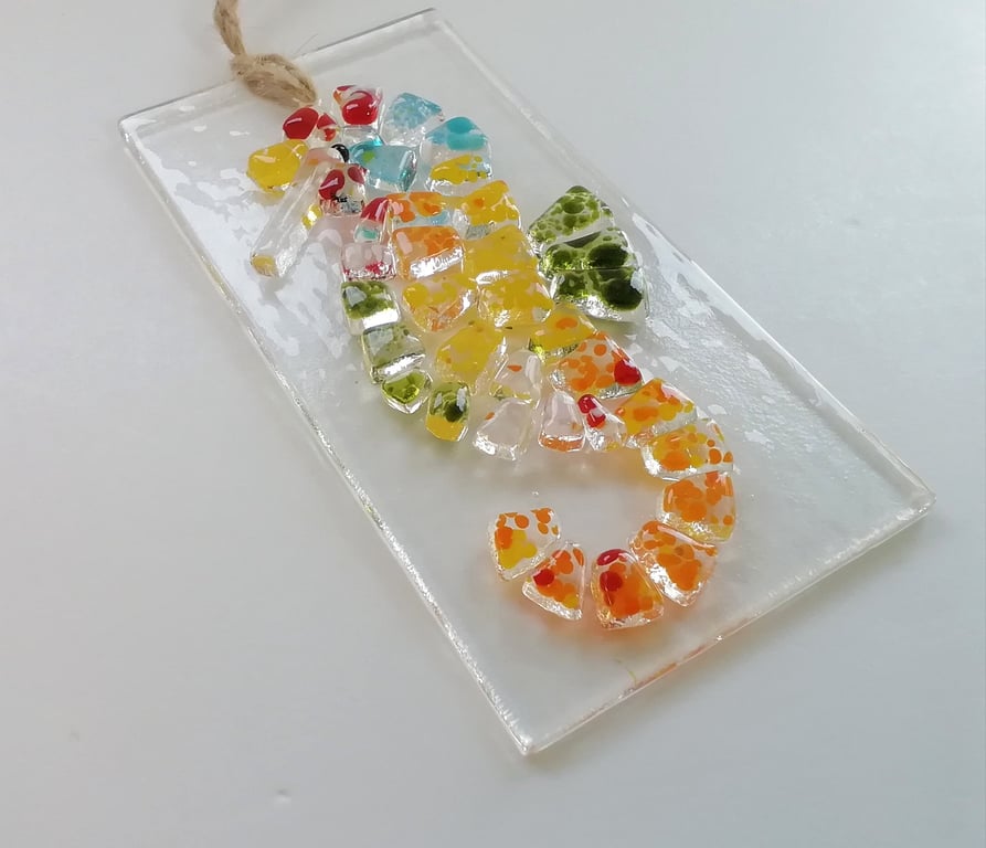 Seahorse rainbow suncatcher, coastal glass art. 