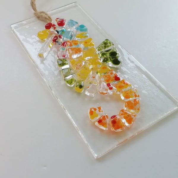 Seahorse rainbow suncatcher, coastal glass art. 