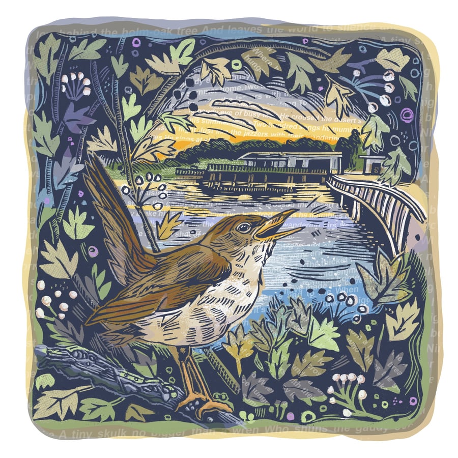 Nightingale – The Fugitive Midnight Music. Original Hand-Finished Linocut Print