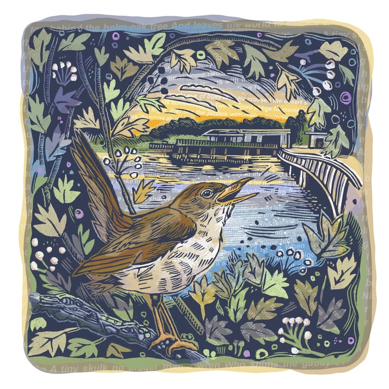 Nightingale – The Fugitive Midnight Music. Original Hand-Finished Linocut Print
