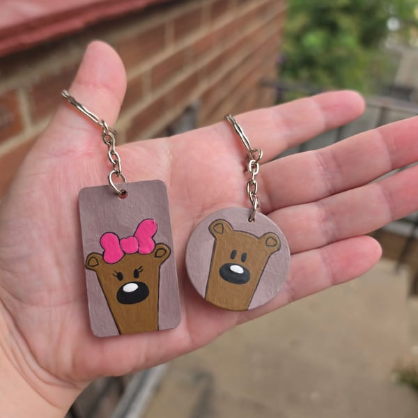 Handmade Wooden Bear Keyring Set (Pair)