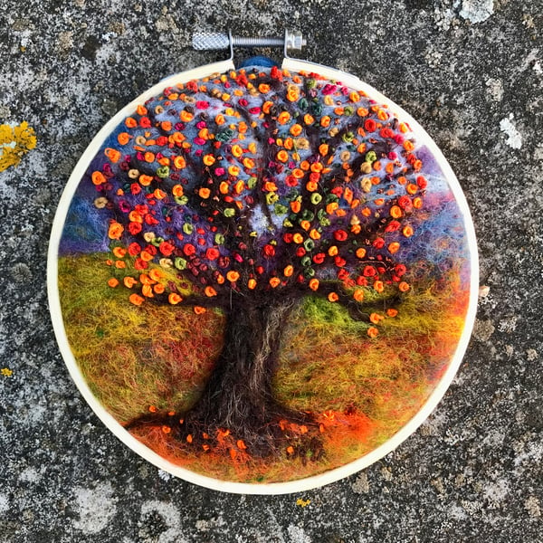 Needle felted-autumn tree-embroidery-hoop art