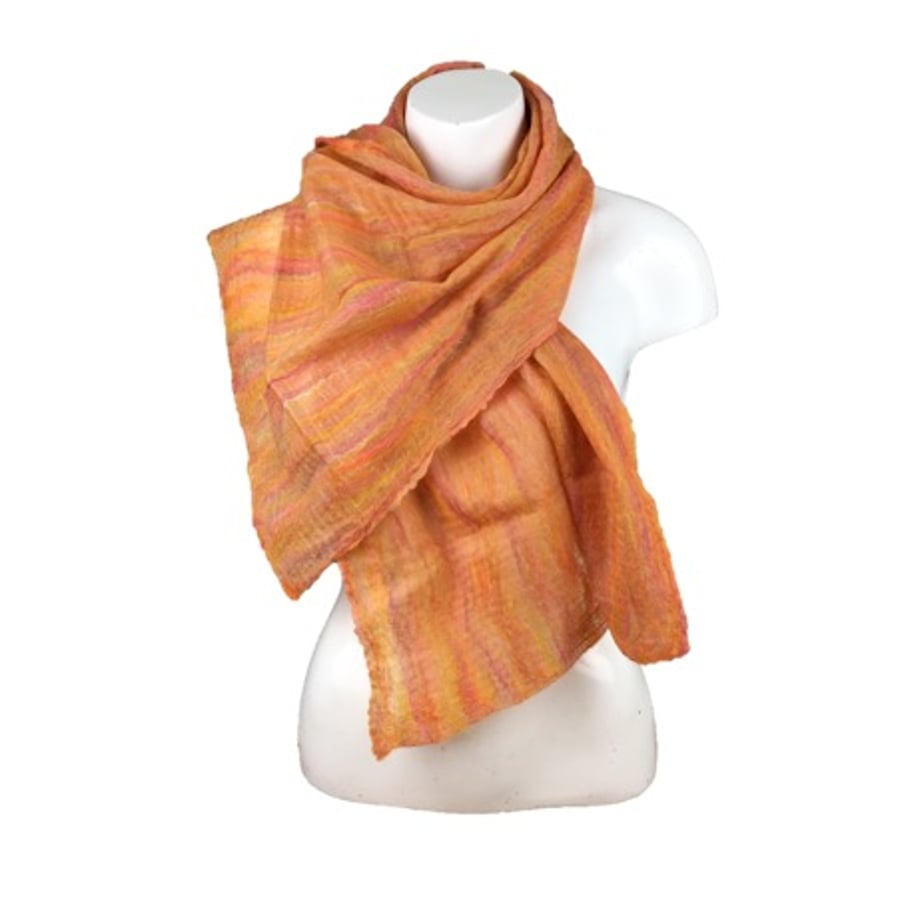 Nuno felted merino wool and silk scarf, in shades of pink,yellow and orange