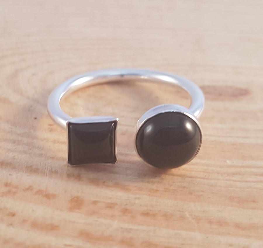 Sterling Silver Adjustable Round and Square Onyx Cabochon Ring