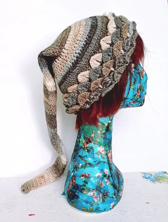 Quirky Long Tail Pixie Hat in Brown, Beige and Cream, Winter Accessories