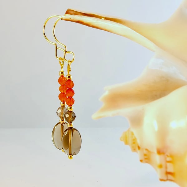 Smoky Quartz Earrings With Faceted Carnelian & Gold Vermeil - Handmade In Devon