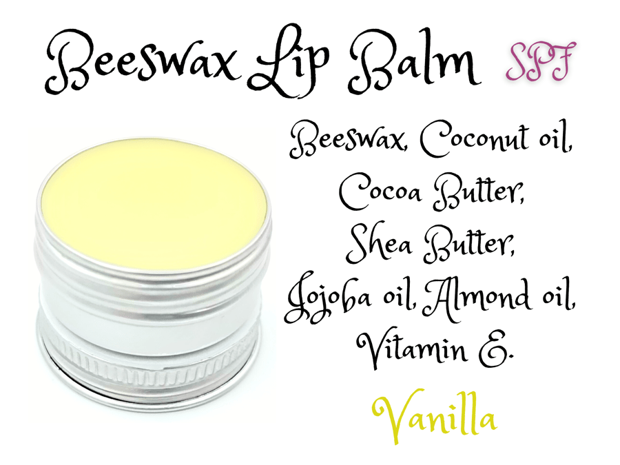 Beeswax Lip Balm. Vanilla flavour. Natural ingredients. SPF. Vitamin E. Handmade
