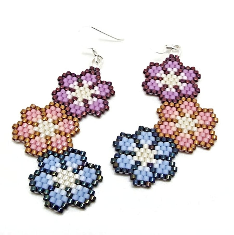 Triple Flower Miyuki Delica Earrings, Sterling Silver Wires, Full Length of 59mm