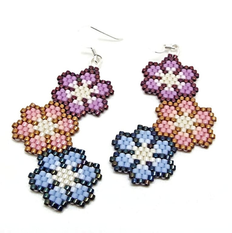Triple Flower Miyuki Delica Earrings, Sterling Silver Wires, Full Length of 59mm