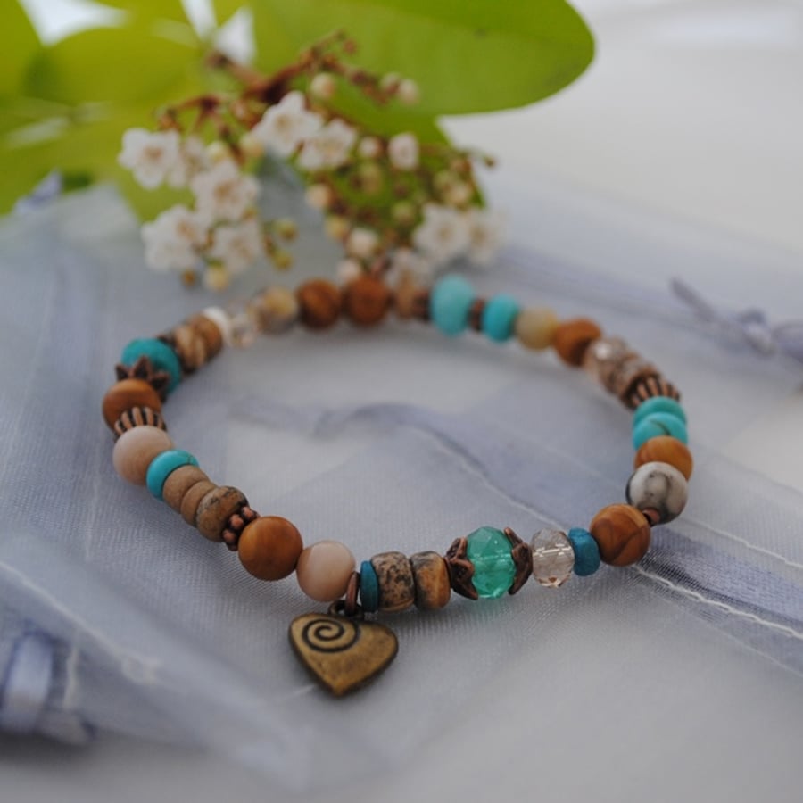 Turquoise & picture jasper heart stretch bracelet 