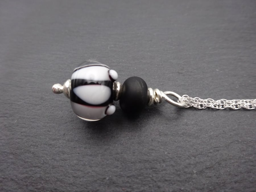 sterling silver chain, lampwork glass pendant, black and white