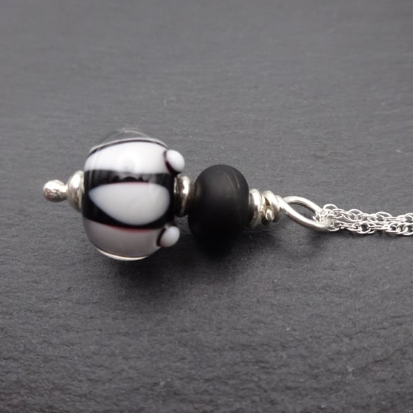 sterling silver chain, lampwork glass pendant, black and white