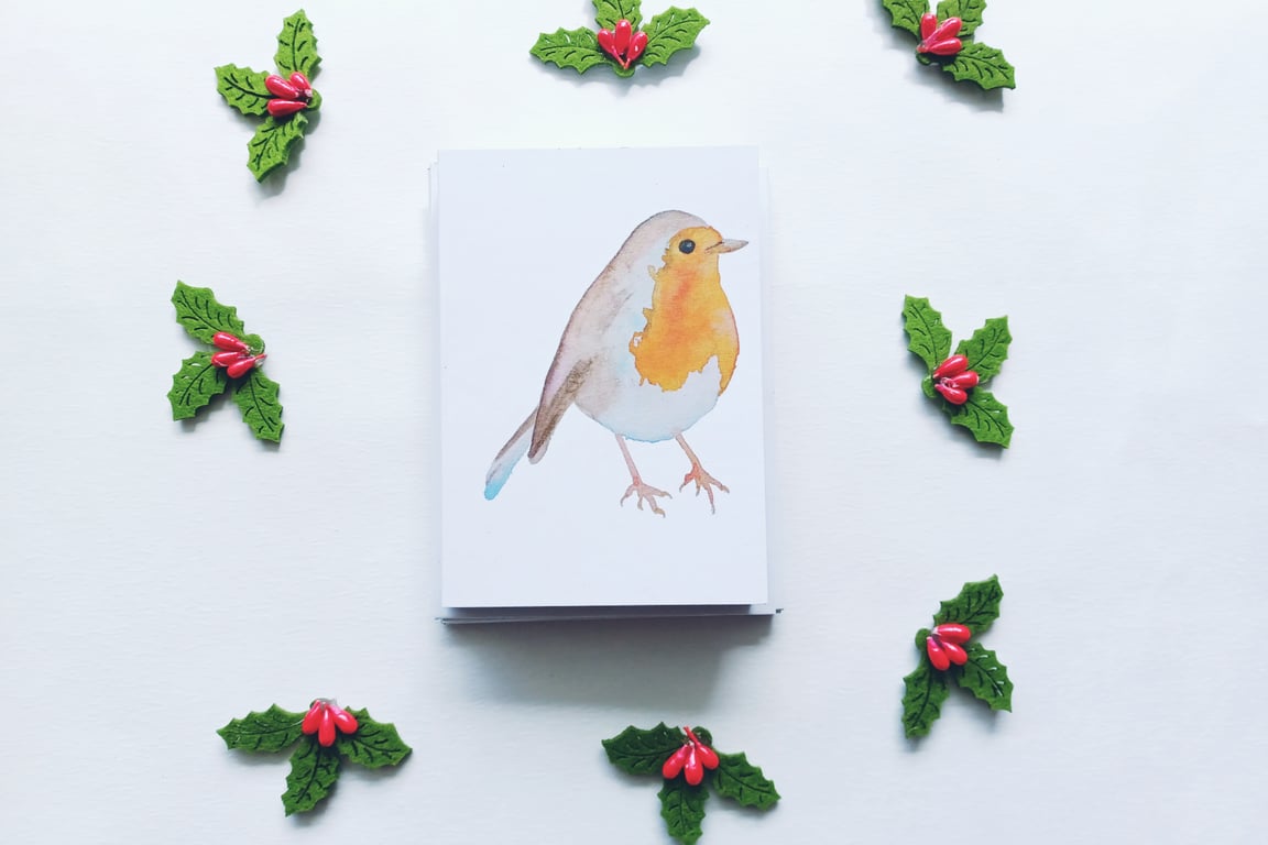 ROBIN WATERCOLOUR CHRISTMAS Card pack, A7 Card, Blank Inside, Mini xmas cards