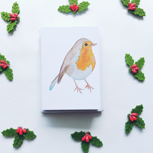 ROBIN WATERCOLOUR CHRISTMAS Card pack, A7 Card, Blank Inside, Mini xmas cards