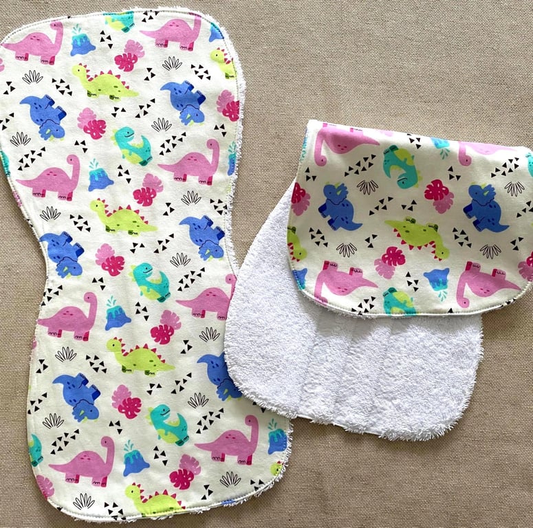 Handmade Baby Burp Cloth Cotton Terry Dinosaurs Colourful