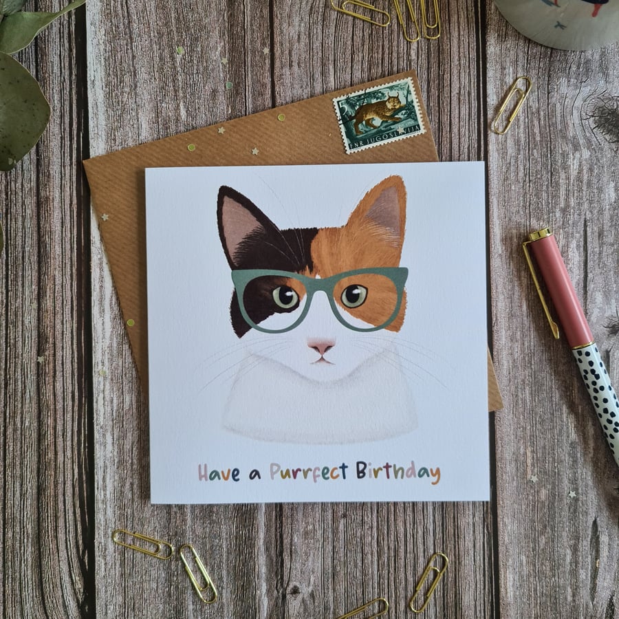 Tortoiseshell Cat Birthday Card, Cat lovers, Animal card