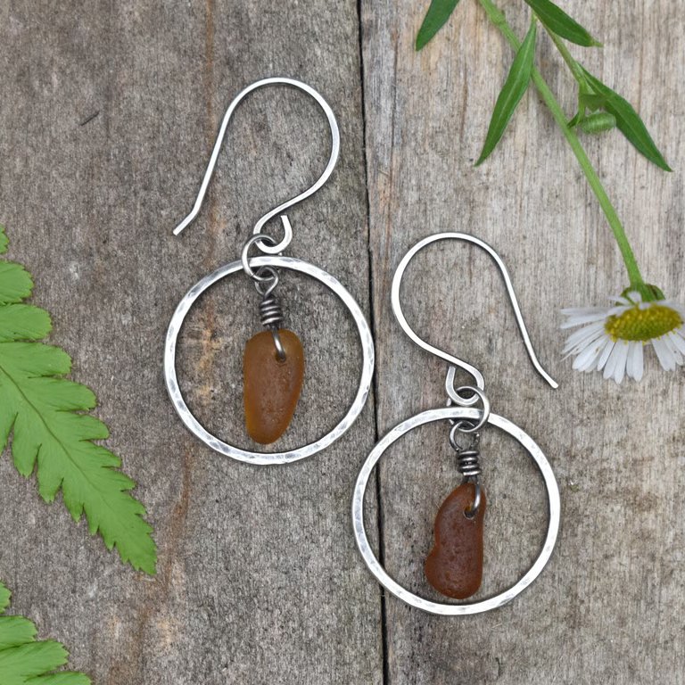 Sea Glass and Sterling Silver Circle Earrings, Amber