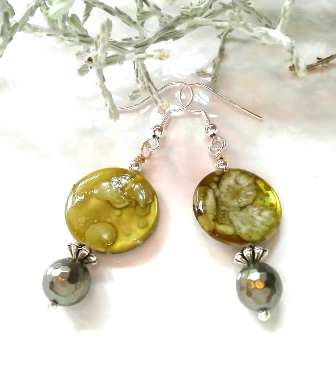 Lime Green Printed Mother of Pearl & Shell Pearl Silver Plated Earrings 