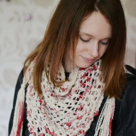  Neck Warmer Chunky Knit Cowl, Cream and Red Knitted