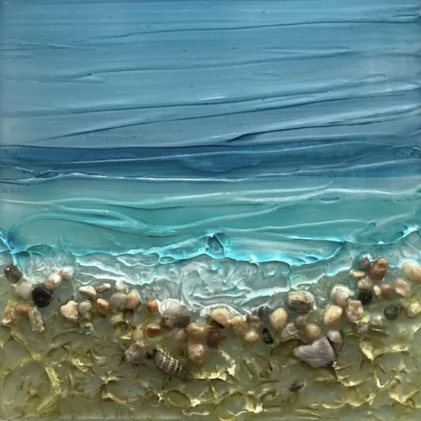 Pebbles On The Beach Original Mixed Media Art On Glass OOAK.
