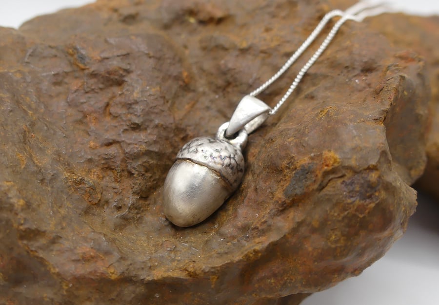 Recycled Sterling Silver Real Acorn Mould Pendant Necklace ECO STS Chain.