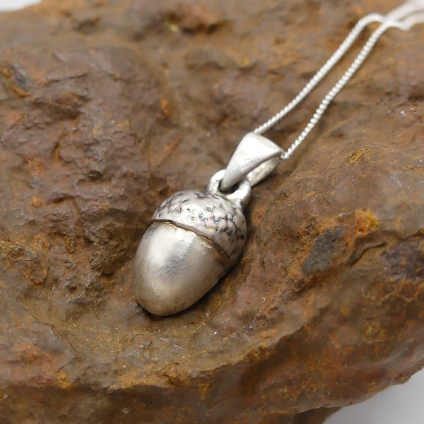 Recycled Sterling Silver Real Acorn Mould Pendant Necklace ECO STS Chain.