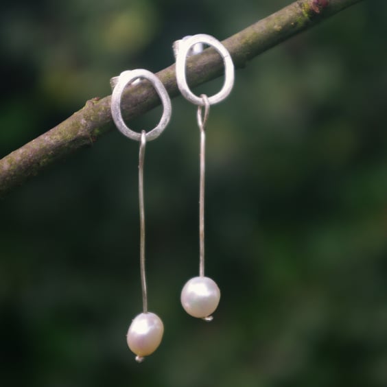  Silver Oval Stud  Earrings with Long Freshwater Pearl Drop