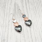 Hematite Heart Earrings, Hypoallergenic Surgical Steel, Dangly Crystal Earrings